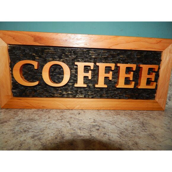 Handmade 14"x6"x1" Cedar Rectangle Textured Wooden Decor Coffee Bar Plaque Sign - Picture 3 of 9